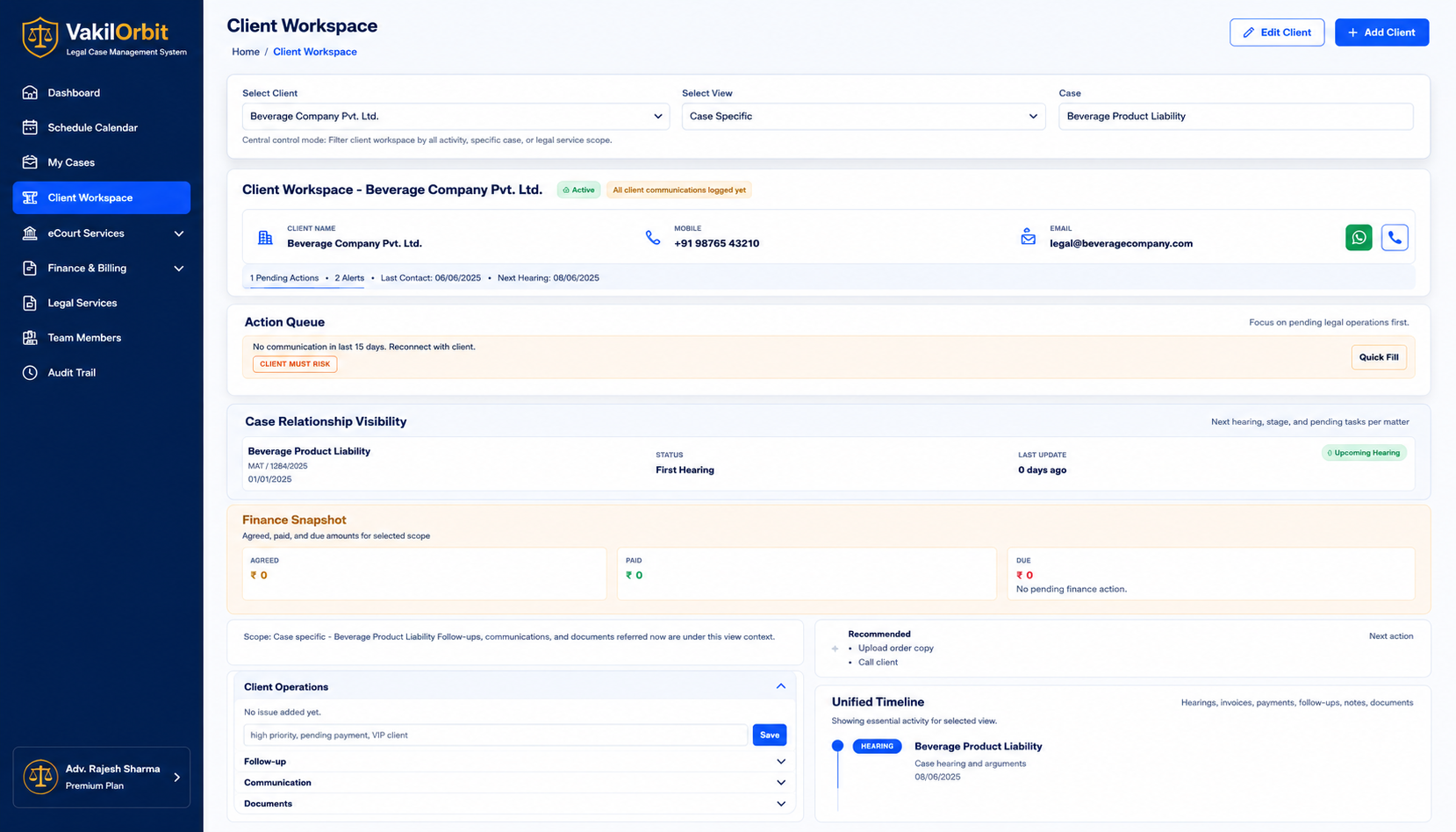 VakilOrbit client and matter management view